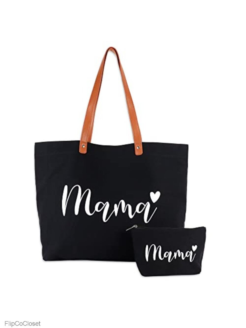 Canvas Vegan Leather Mama Tote Bag with Matching Pouch Zip Top